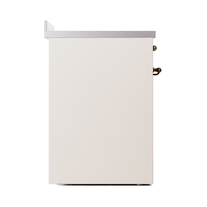Antique white induction range side view with bronze handle hardware