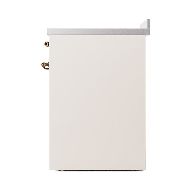 Antique white side panel of induction range with bronze side hardware
