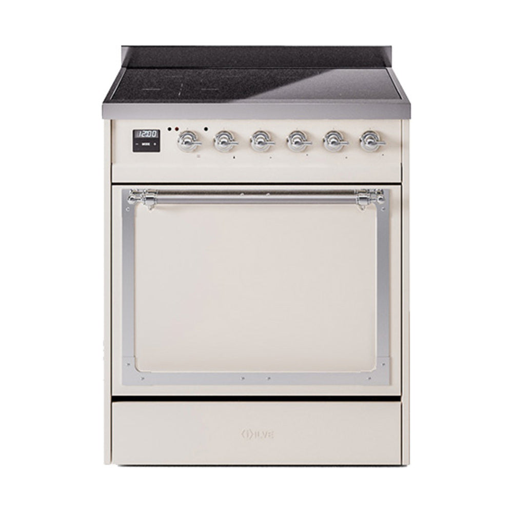 Antique white induction range with chrome-trimmed control panel and solid-door oven