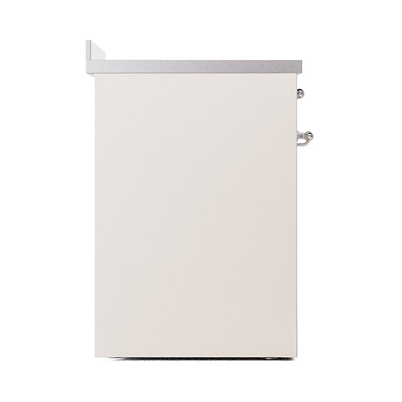 Antique white range side view with chrome hinges and solid door frame