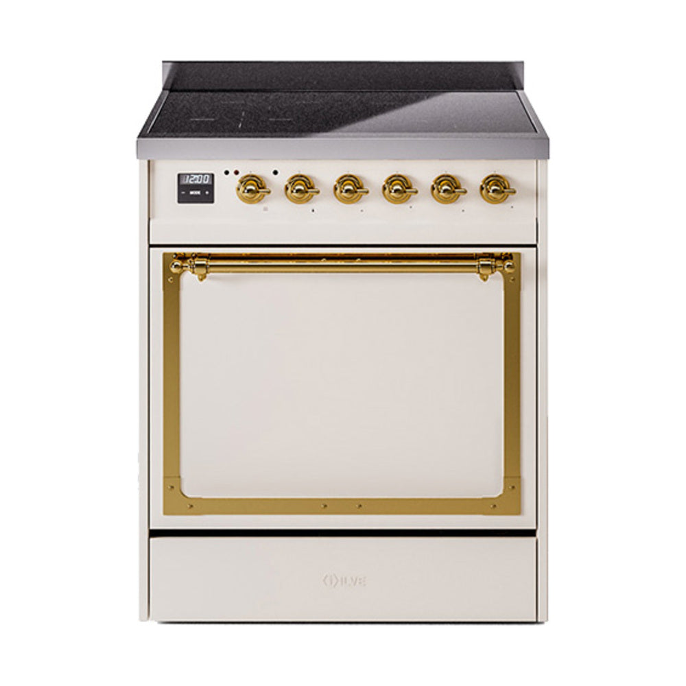 Antique white induction range with brass-trimmed oven door and black cooktop