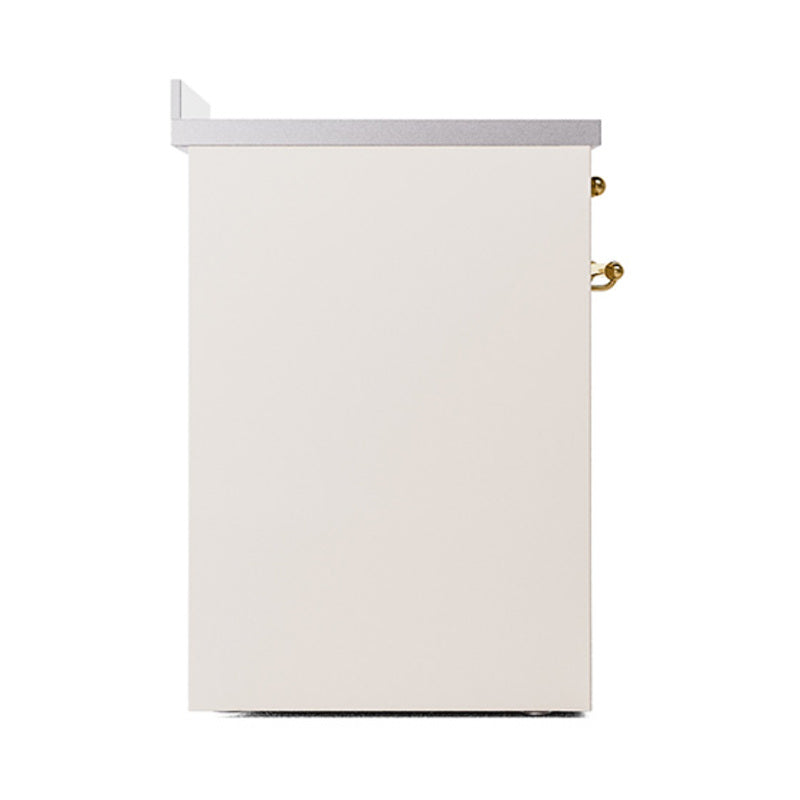 Antique white solid oven door panel with brass trim and dark bottom edge