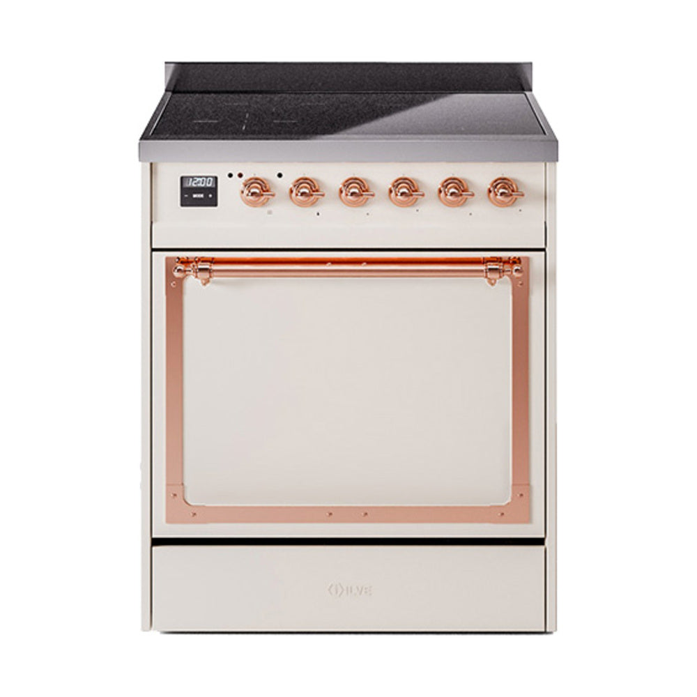 Antique white induction range with copper-trimmed oven door and control panel