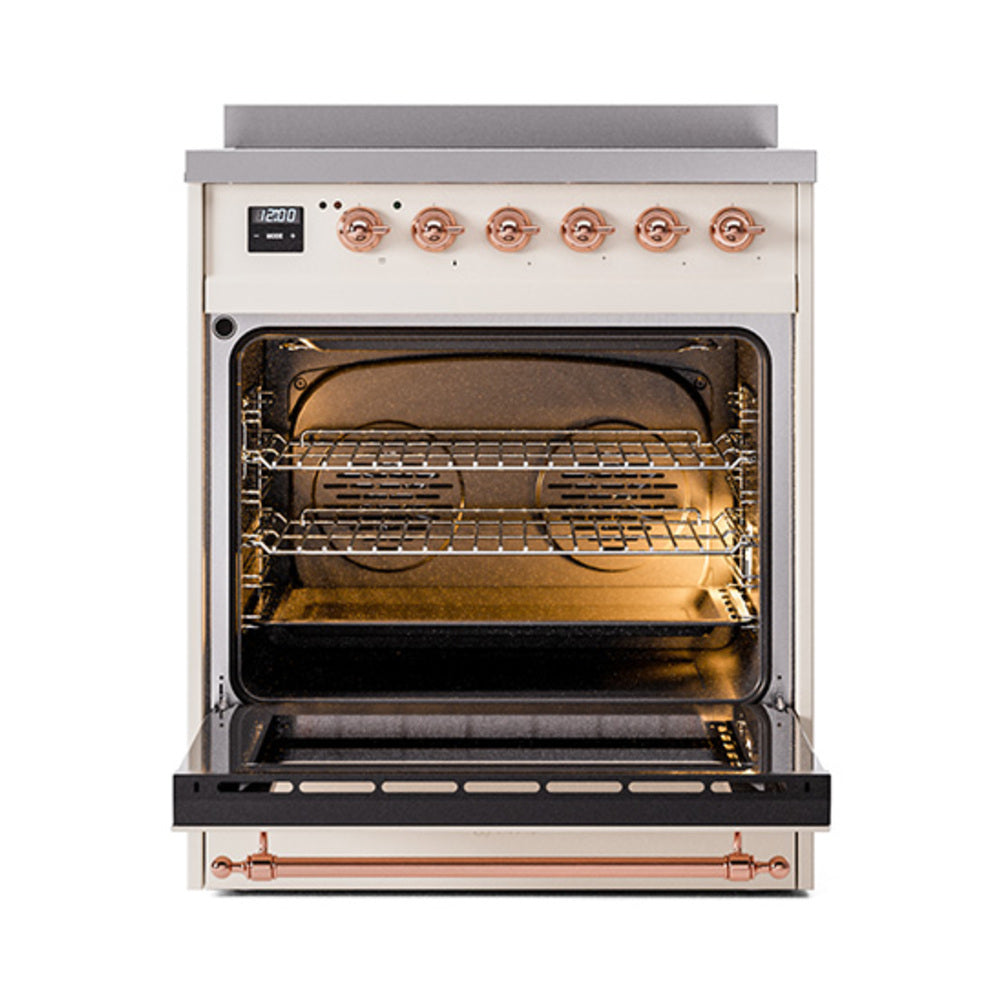 Antique white induction range with copper-trimmed knobs and open oven door