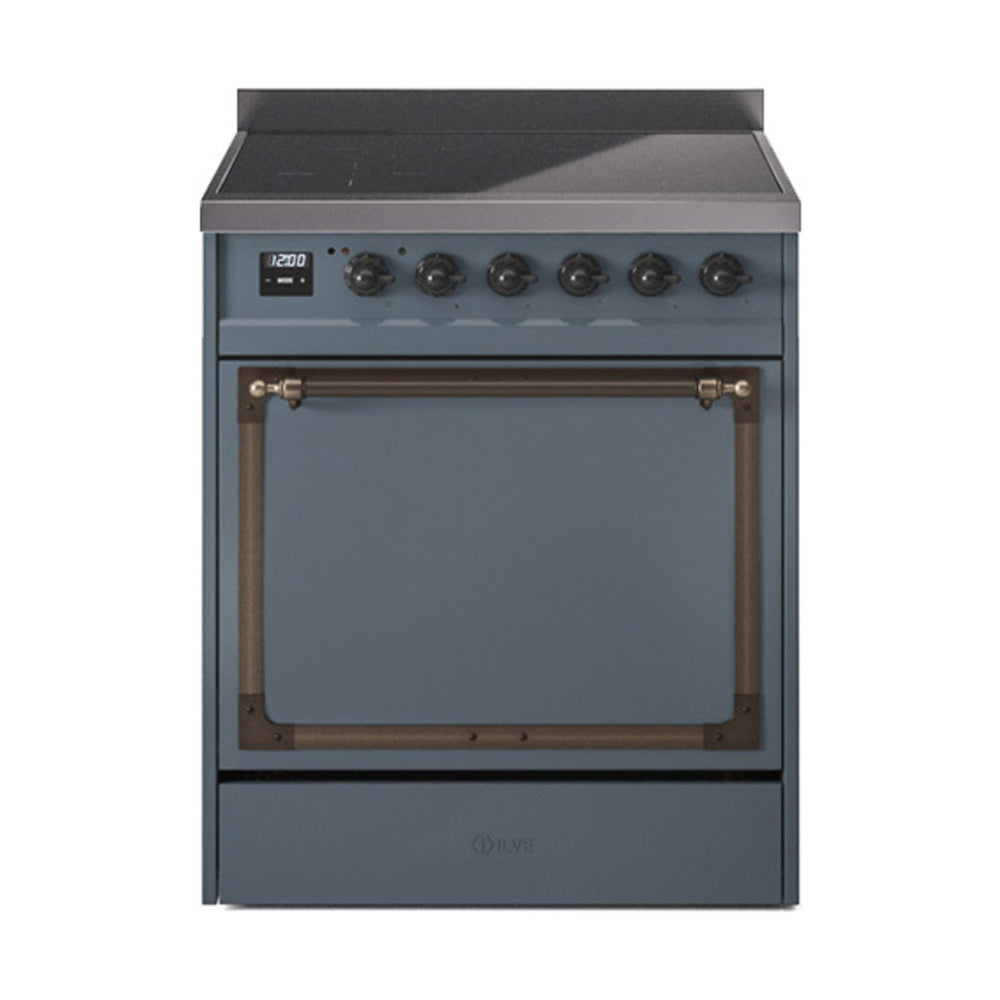 Blue-grey induction range with solid-door oven and bronze bar handles
