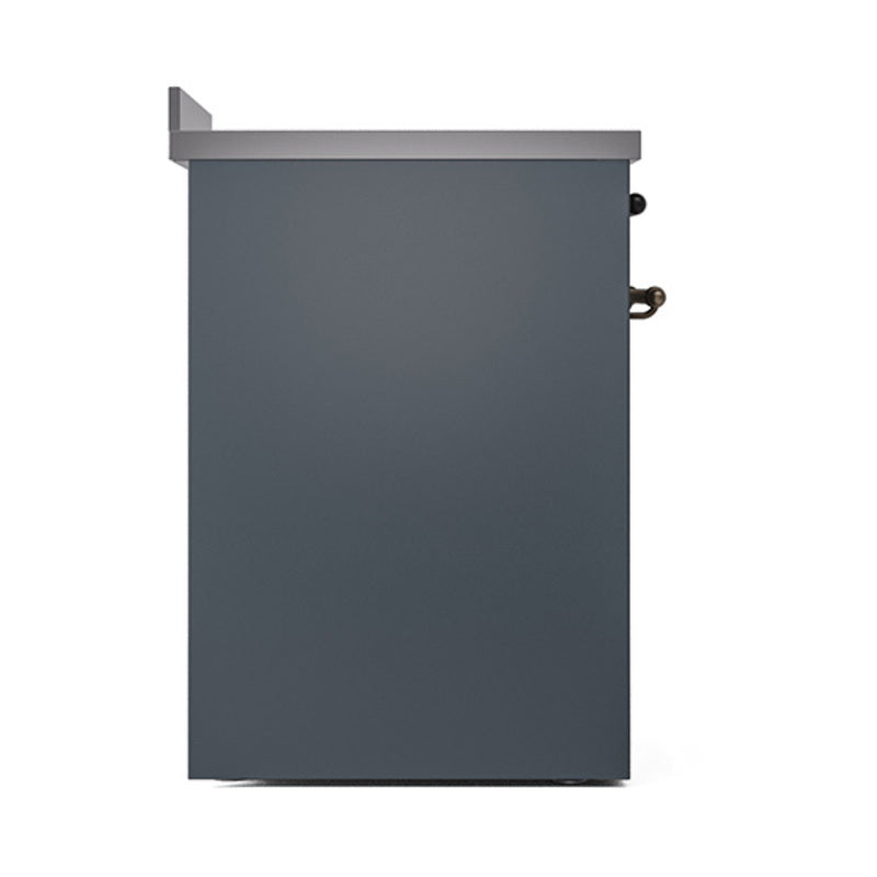 Solid oven door panel in blue-grey with bronze-trim side hardware