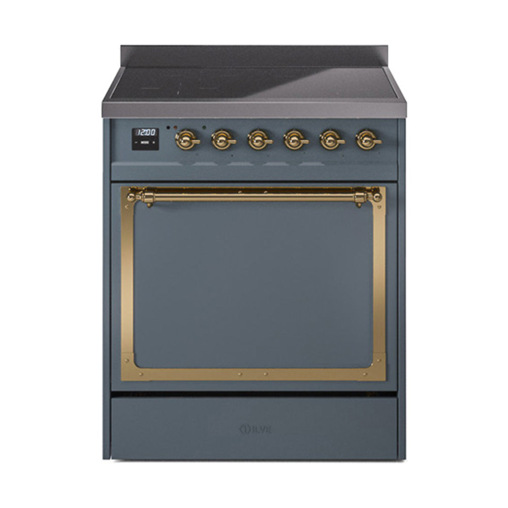 Blue grey induction range with brass control knobs and windowed solid oven door