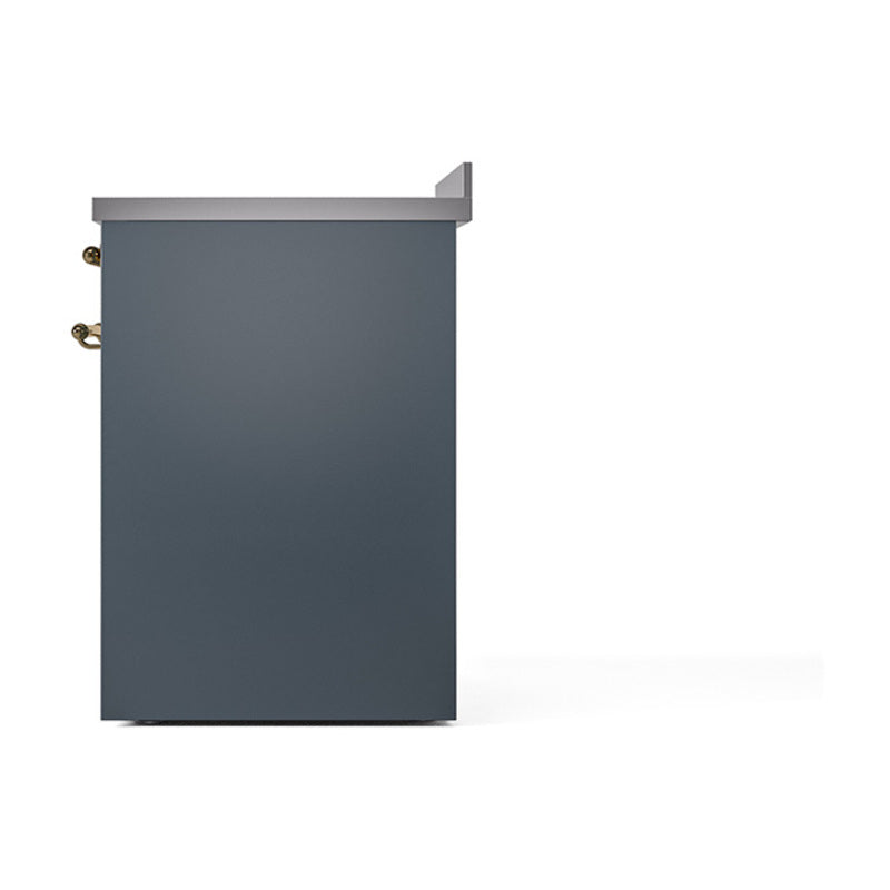 Blue grey range side panel with brass hinges and raised top trim