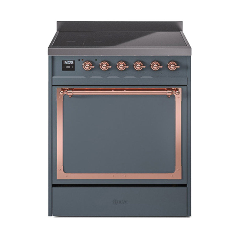 Blue grey induction range front with copper-trimmed oven door and knob control panel