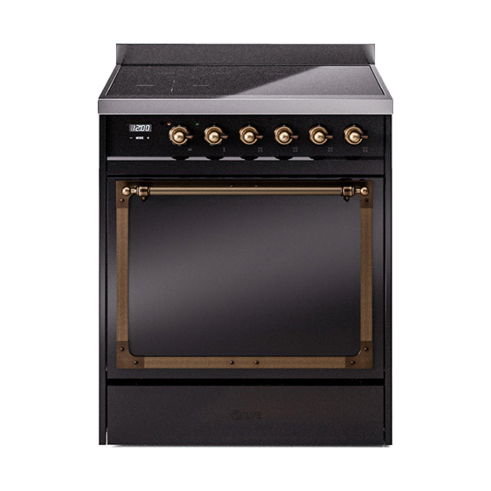Glossy black induction range front with bronze knobs and solid oven door