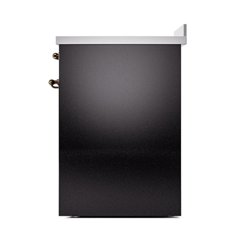 Glossy black oven door side view with bronze hinge hardware and trim
