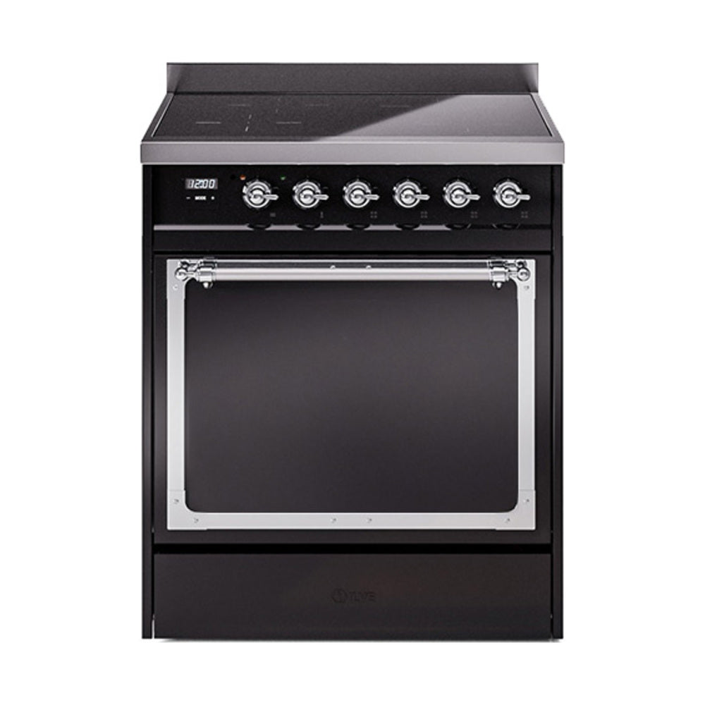 Glossy black induction range with control knobs and oven window