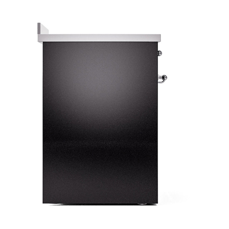 Glossy black solid-door oven front with chrome-trim side handle