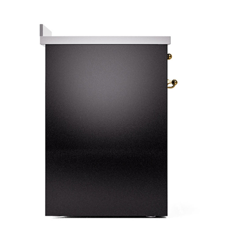 Glossy black oven side panel with brass hinges and trim