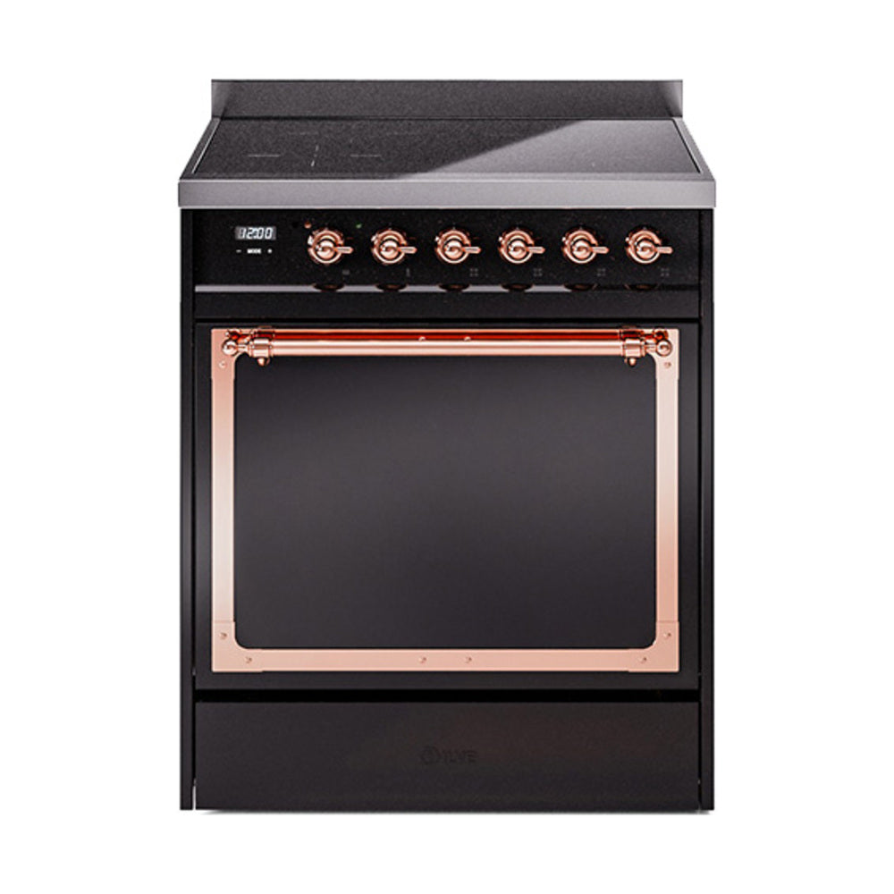 Induction range with closed solid-door oven and copper oven frame in glossy black