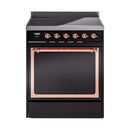 ILVE 30-Inch Nostalgie II Noblesse Induction Range with Solid Door Oven in Glossy Black with Copper Trim (UNI304QNMPBKP)