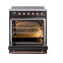 ILVE 30-Inch Nostalgie II Noblesse Induction Range with Solid Door Oven in Glossy Black with Copper Trim (UNI304QNMPBKP)