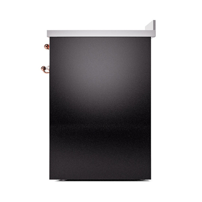 Glossy black induction range side panel with copper knobs near the top