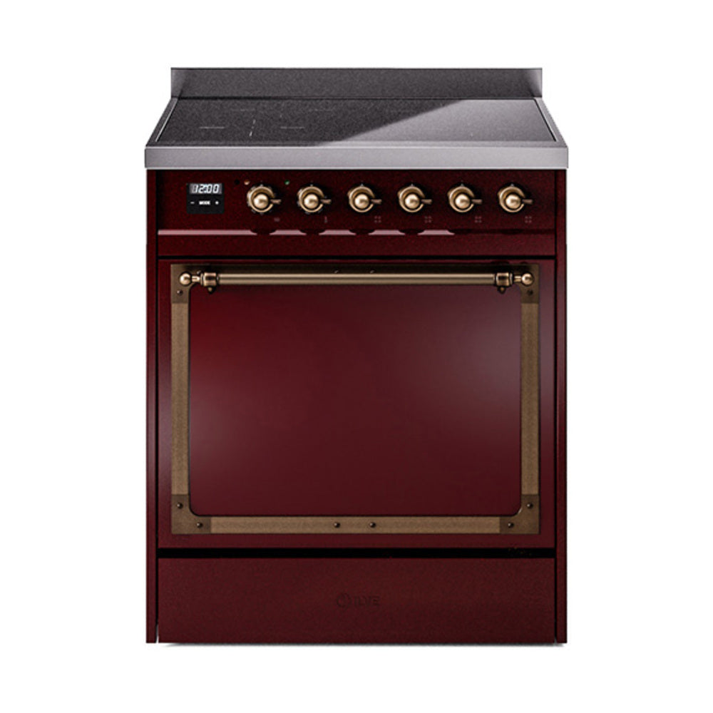 Burgundy induction range with bronze control knobs and solid oven door