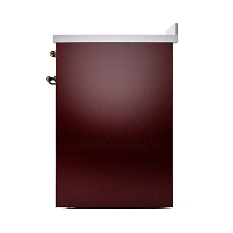 Burgundy range front panel with bronze door handles and stainless top trim