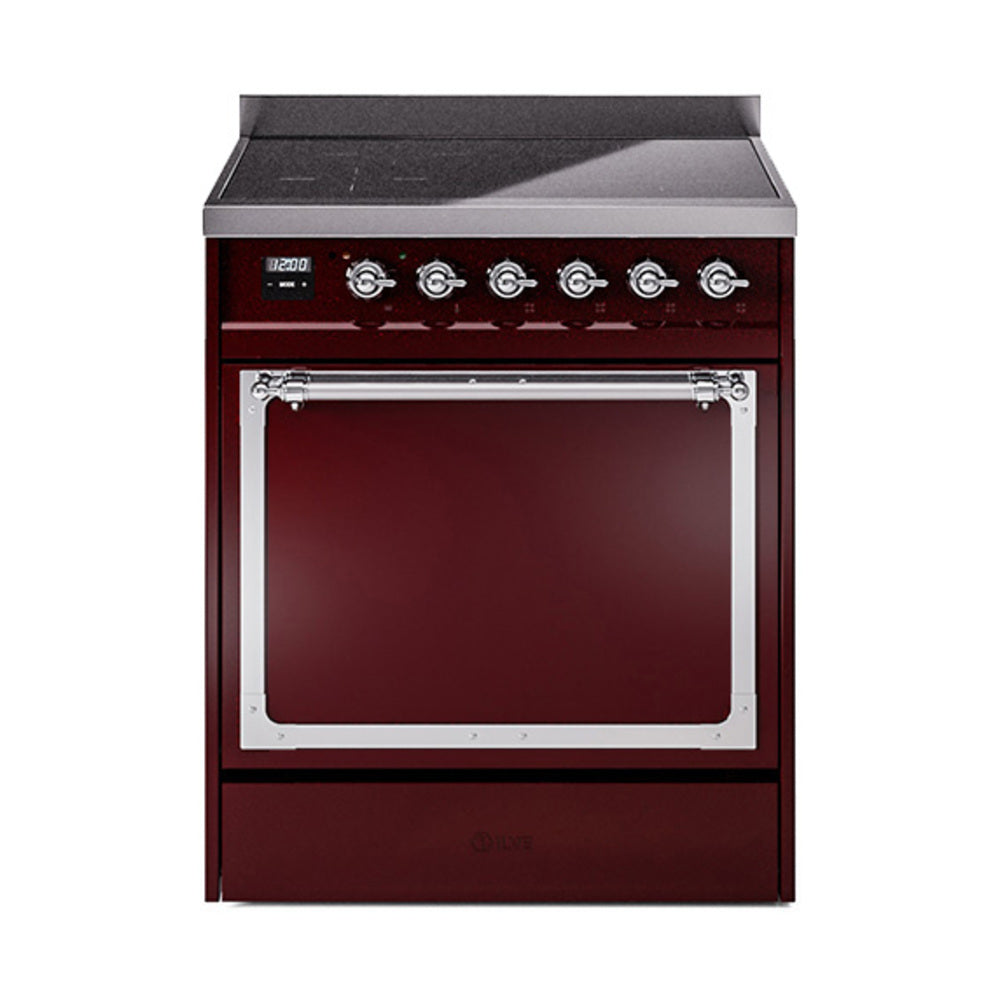 Burgundy induction range with control knobs, glass oven door, and chrome trim