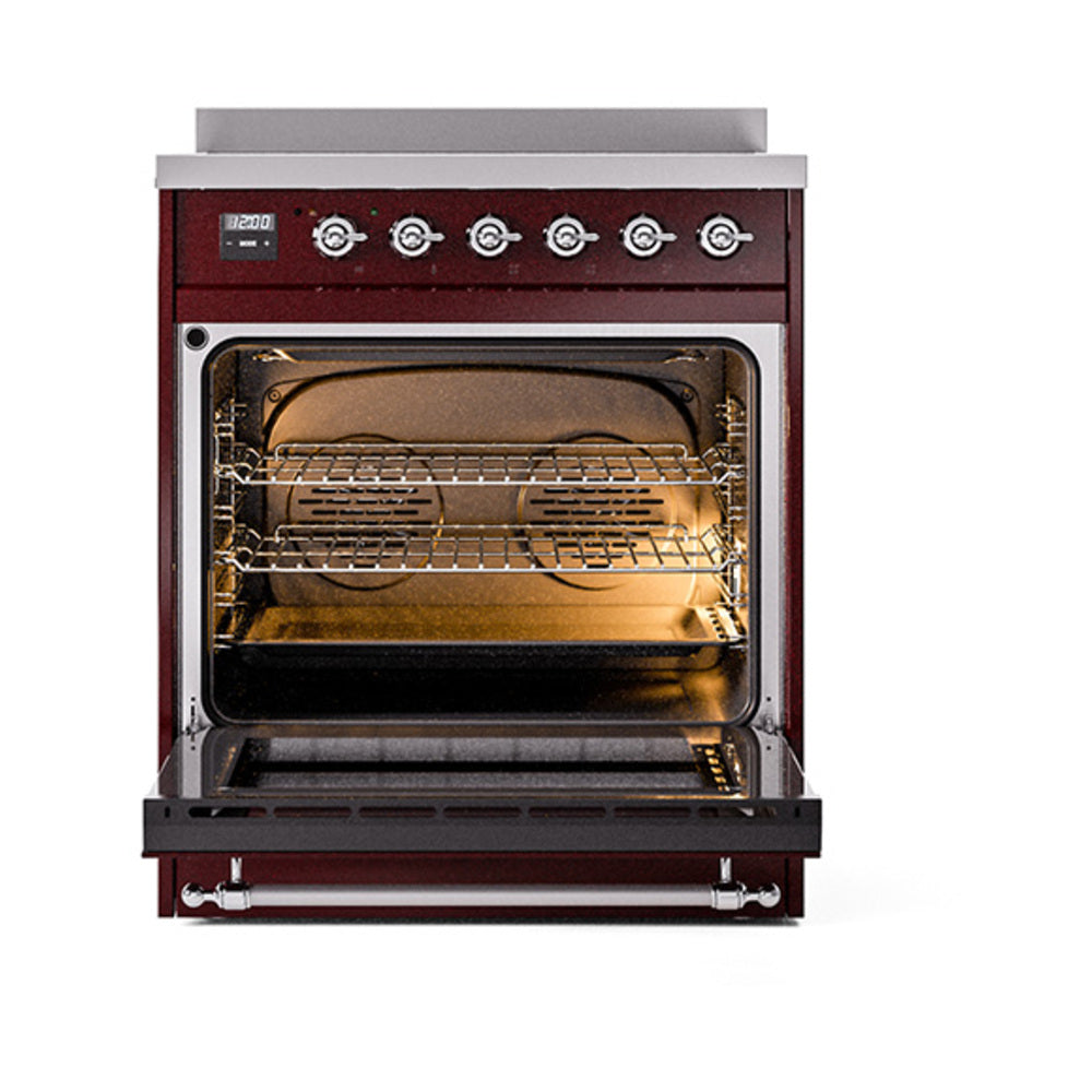 Open burgundy oven with interior rack and heating element, chrome door frame