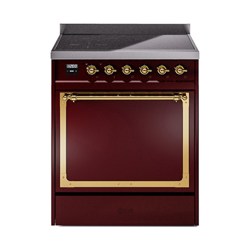 Burgundy induction range with closed solid oven door and brass-trim oven frame