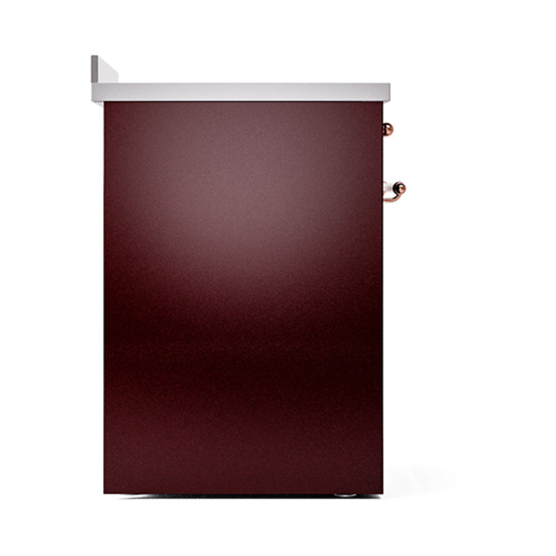 Burgundy range side view with two brass hinge points and top trim
