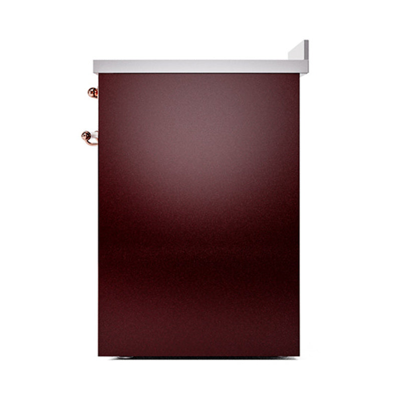 Burgundy range side door panel with brass hinge accents