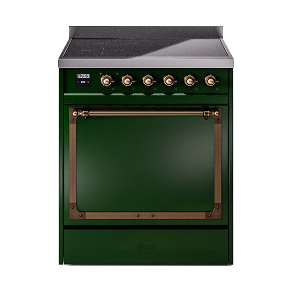 Emerald green induction range with open oven door and dark glass window