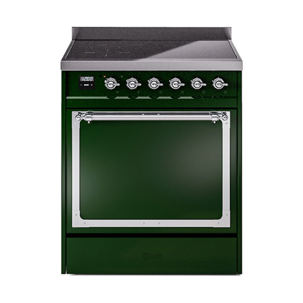 Emerald green induction range with closed solid door oven and glass window, chrome trim