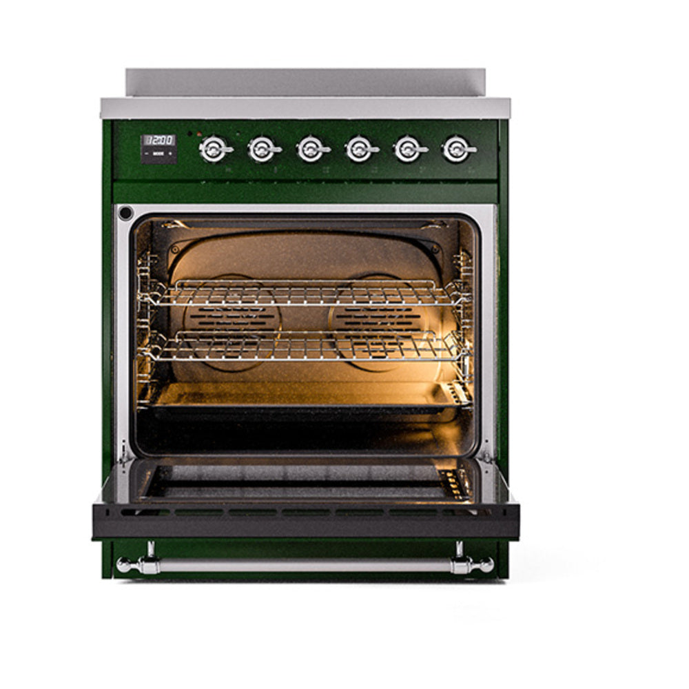 Emerald green induction range with open solid door oven, chrome trim, visible racks