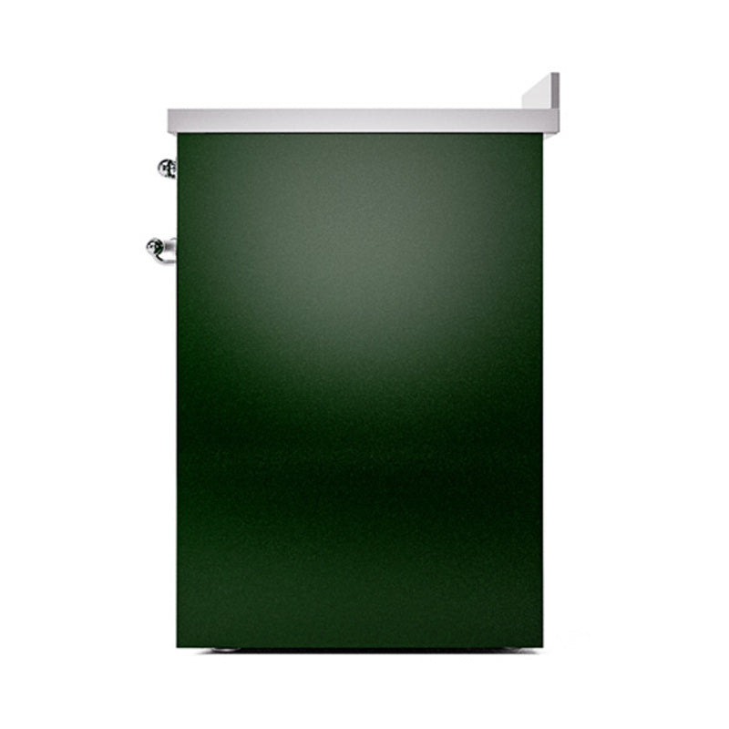 Emerald green induction range side view with solid door and chrome handle details