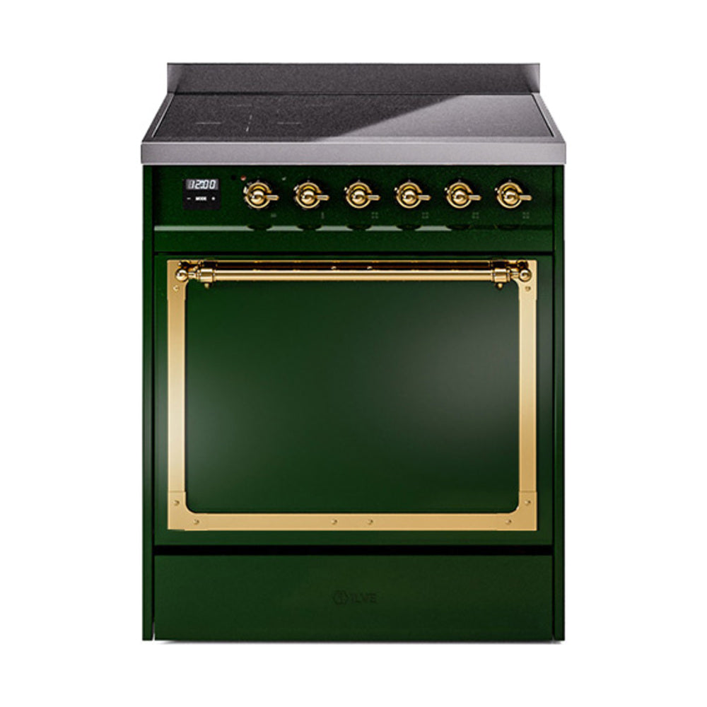 Emerald green induction range with brass-trimmed oven door and control knobs