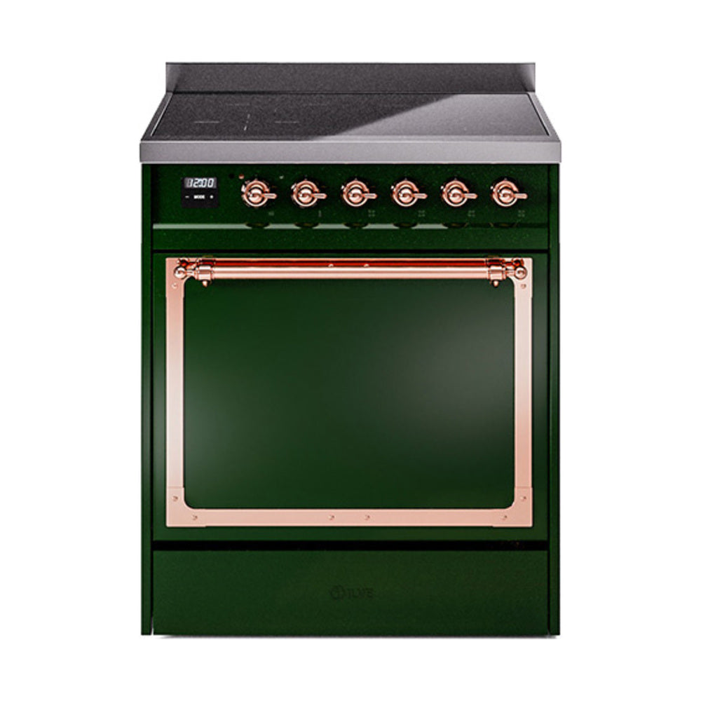 Emerald green induction range with solid oven door and copper-trimmed control panel