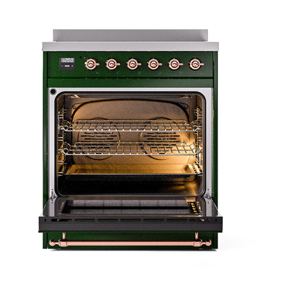 Emerald green range oven door open, showing racks and heating elements