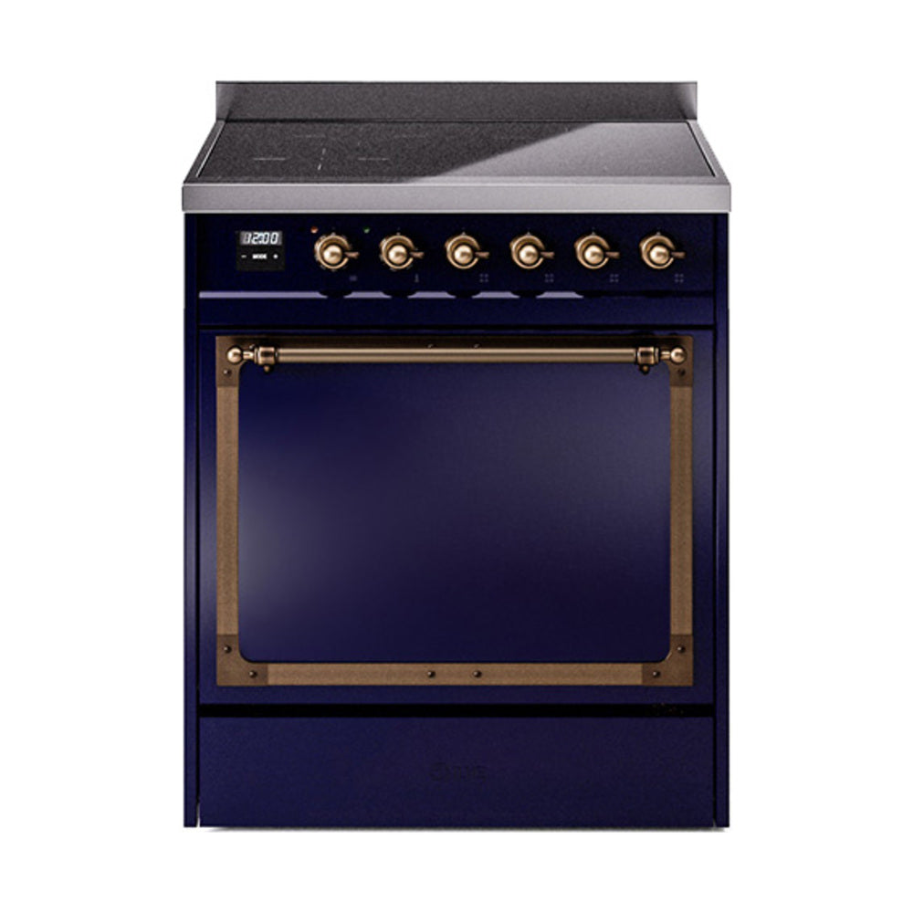 Midnight blue induction range with bronze-trim control knobs and solid oven door