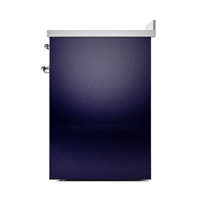 Midnight blue oven door with chrome handles and stainless trim