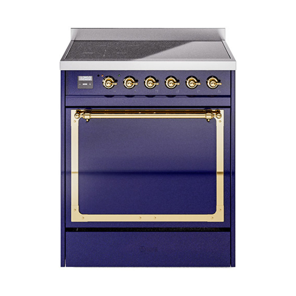 Midnight blue range with brass-trimmed solid door oven and front control knobs