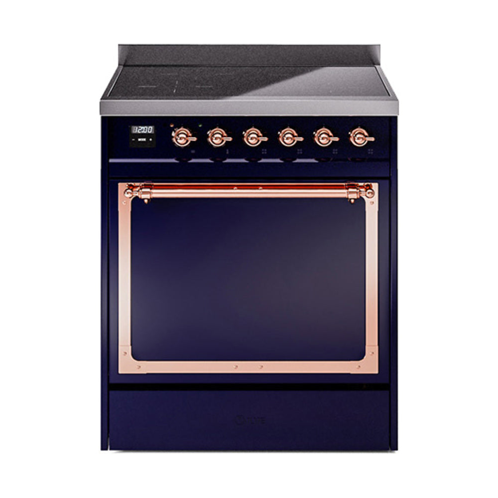 Midnight blue induction range front with copper-trimmed oven door and control knobs