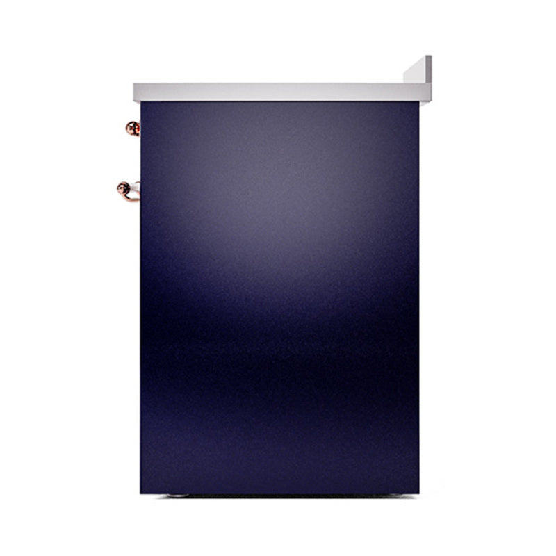Solid oven door in midnight blue with copper hinges and side handles