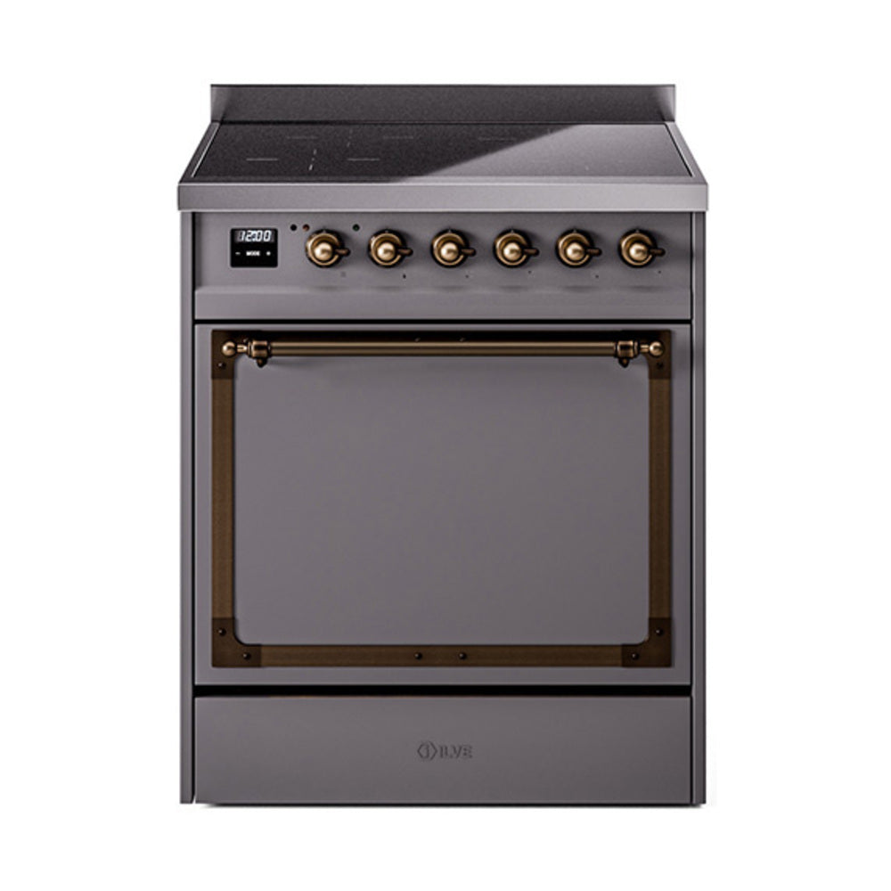 Matte graphite induction range with solid door oven and bronze-trim control knobs