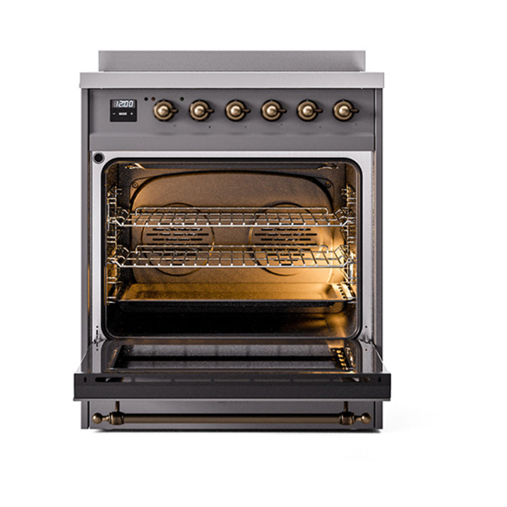Open oven door on matte graphite range with wire racks and interior heating elements