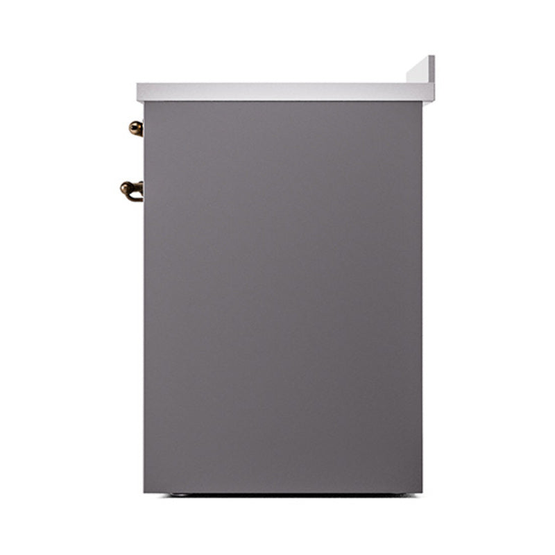 Matte graphite oven door side panel with bronze hinges and raised top trim