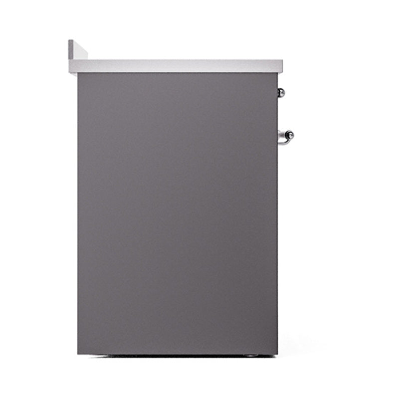 Matte graphite side view of solid oven door with chrome hinges and handle