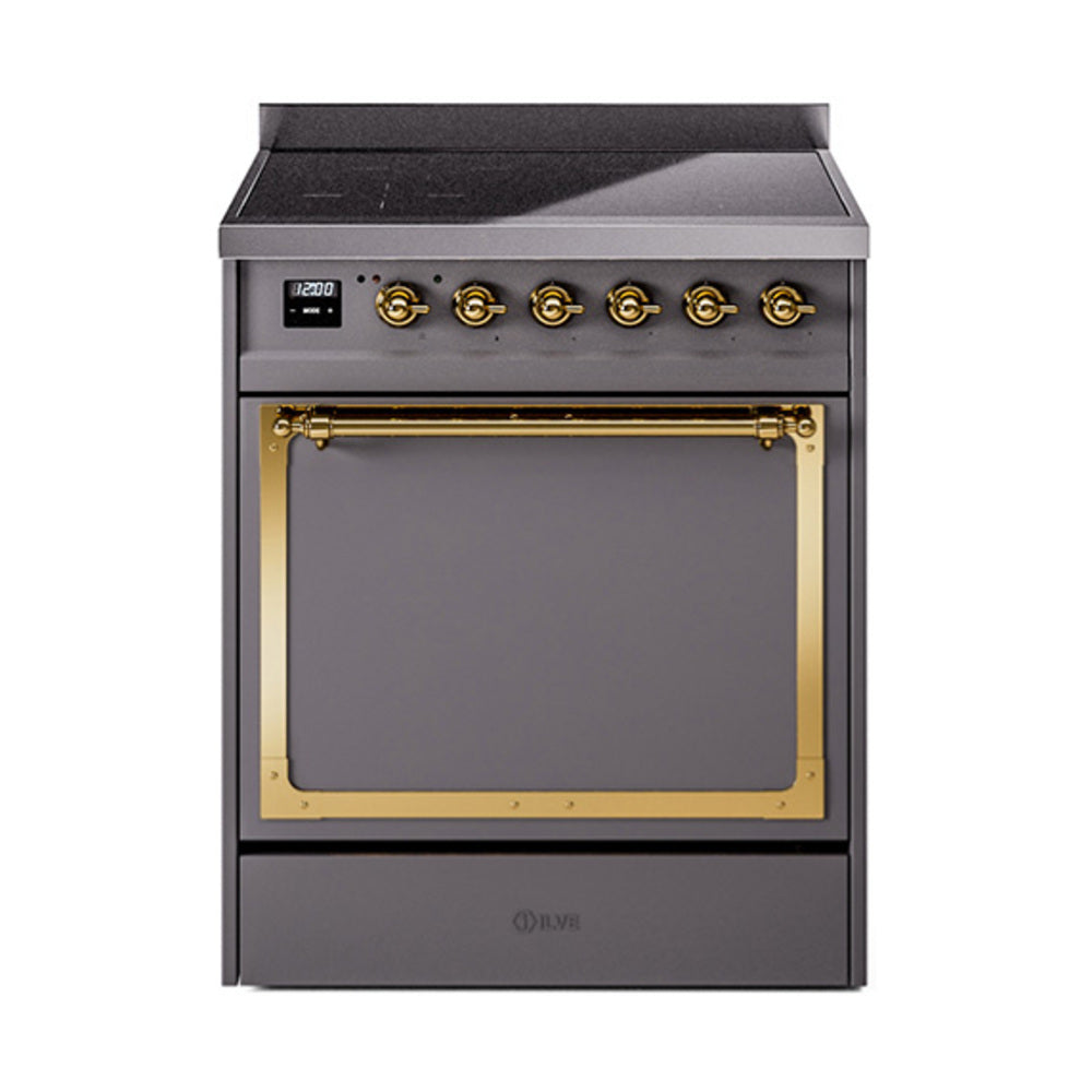 Matte graphite induction range with solid oven door, brass-trimmed control knobs