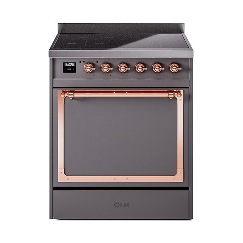 Matte graphite induction range with copper-trim solid oven door and control panel