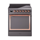 ILVE 30-Inch Nostalgie II Noblesse Induction Range with Solid Door Oven in Matte Graphite with Copper Trim (UNI304QNMPMGP)