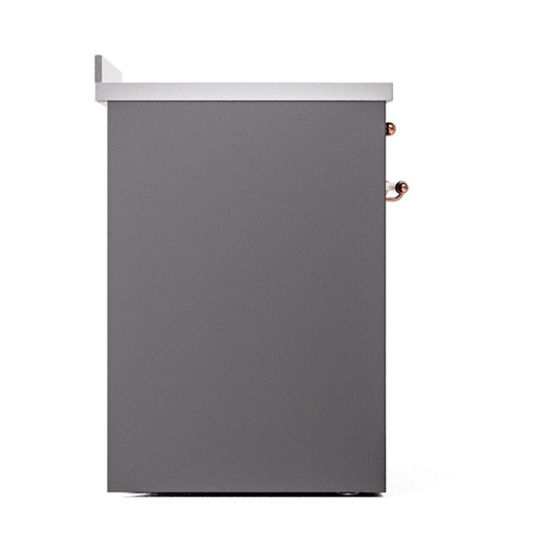Matte graphite rear panel of induction range with copper control knob accents