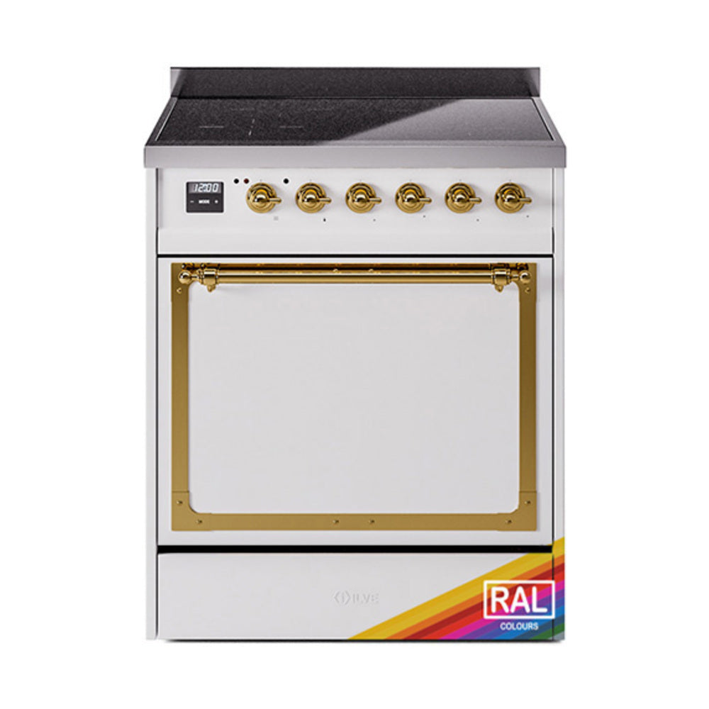 ILVE induction range with solid door oven, white body, brass-trimmed controls, window